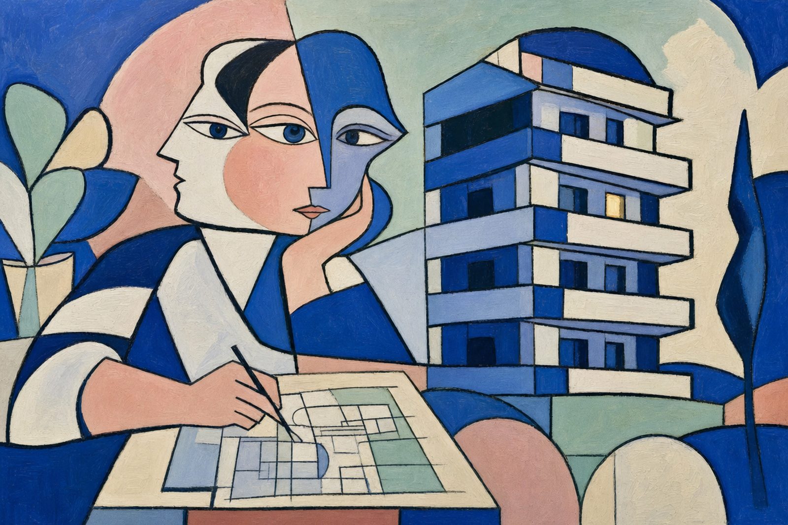 An architect at a drawing board, a stepped apartment building rising behind her