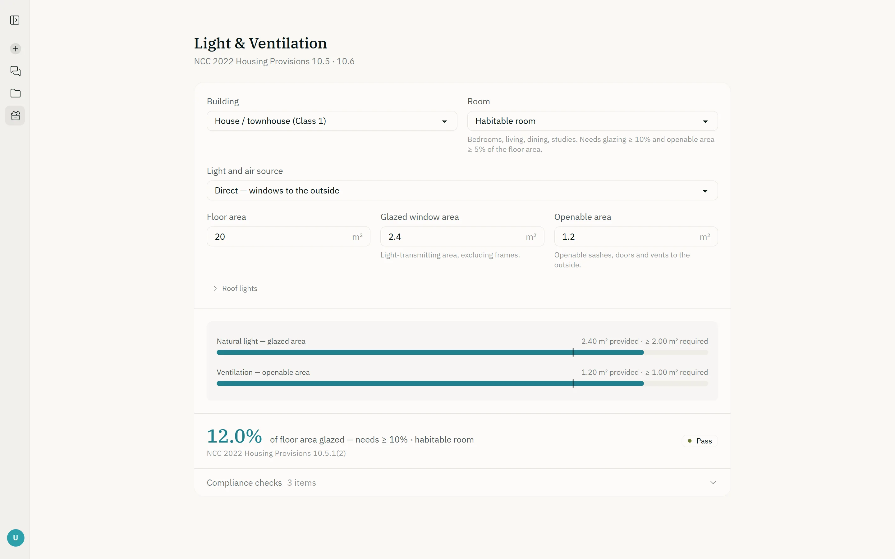 The light and ventilation calculator: gauges of glazed and openable area provided against the 10% and 5% of floor area a habitable room needs